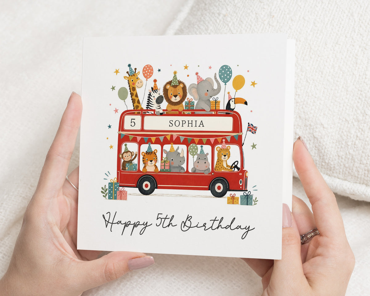 Personalised 5th Birthday Card, Red Bus Birthday Card, London Bus Card, Safari Birthday Card for Kids, Jungle Animal Birthday Card