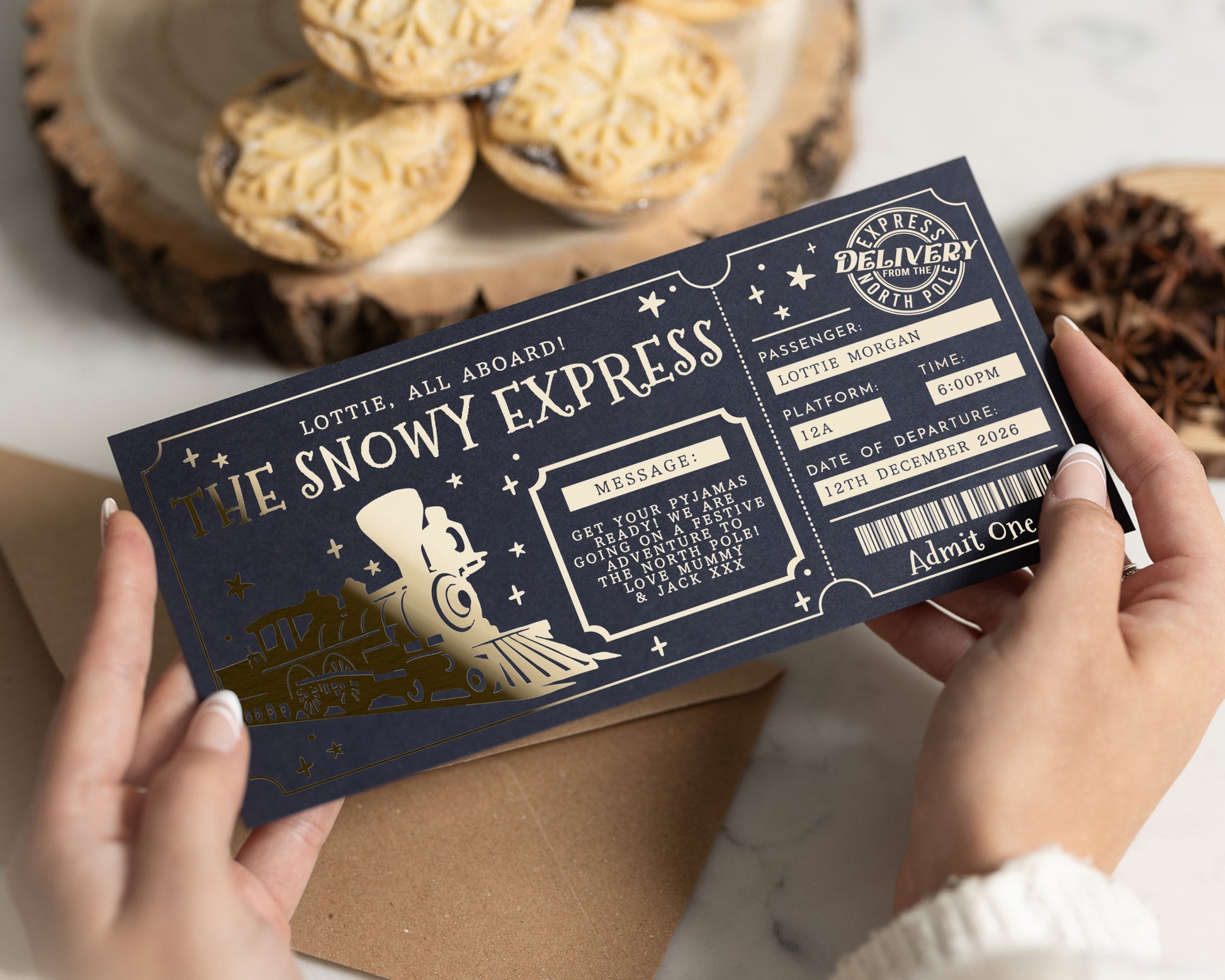 Personalised Christmas Train Ticket, The Snowy Express, Gift Voucher, Gold Foil, Holiday Reveal, Custom Christmas Gift