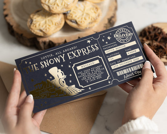 Personalised Christmas Train Ticket, The Snowy Express, Gift Voucher, Gold Foil, Holiday Reveal, Custom Christmas Gift