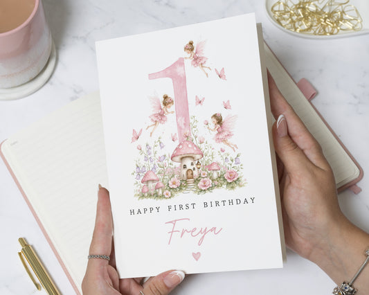 First Birthday Card for Girl, 1st Birthday Card, Personalised Fairy Birthday Card, Floral Birthday Card, Daughter Birthday Card