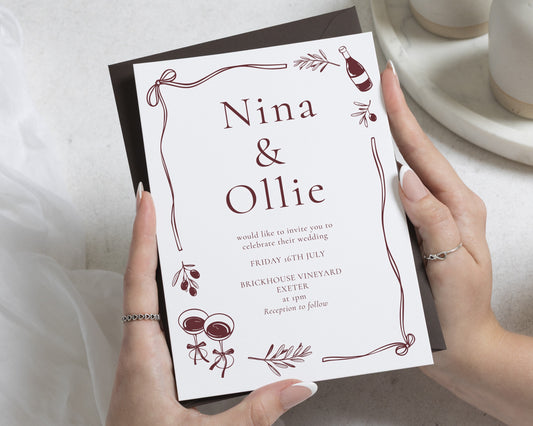 Burgundy Vineyard Wedding Invitations, Olive and Wine Wedding Invites, Italian Tuscan Destination Wedding Stationery, Personalised Suite