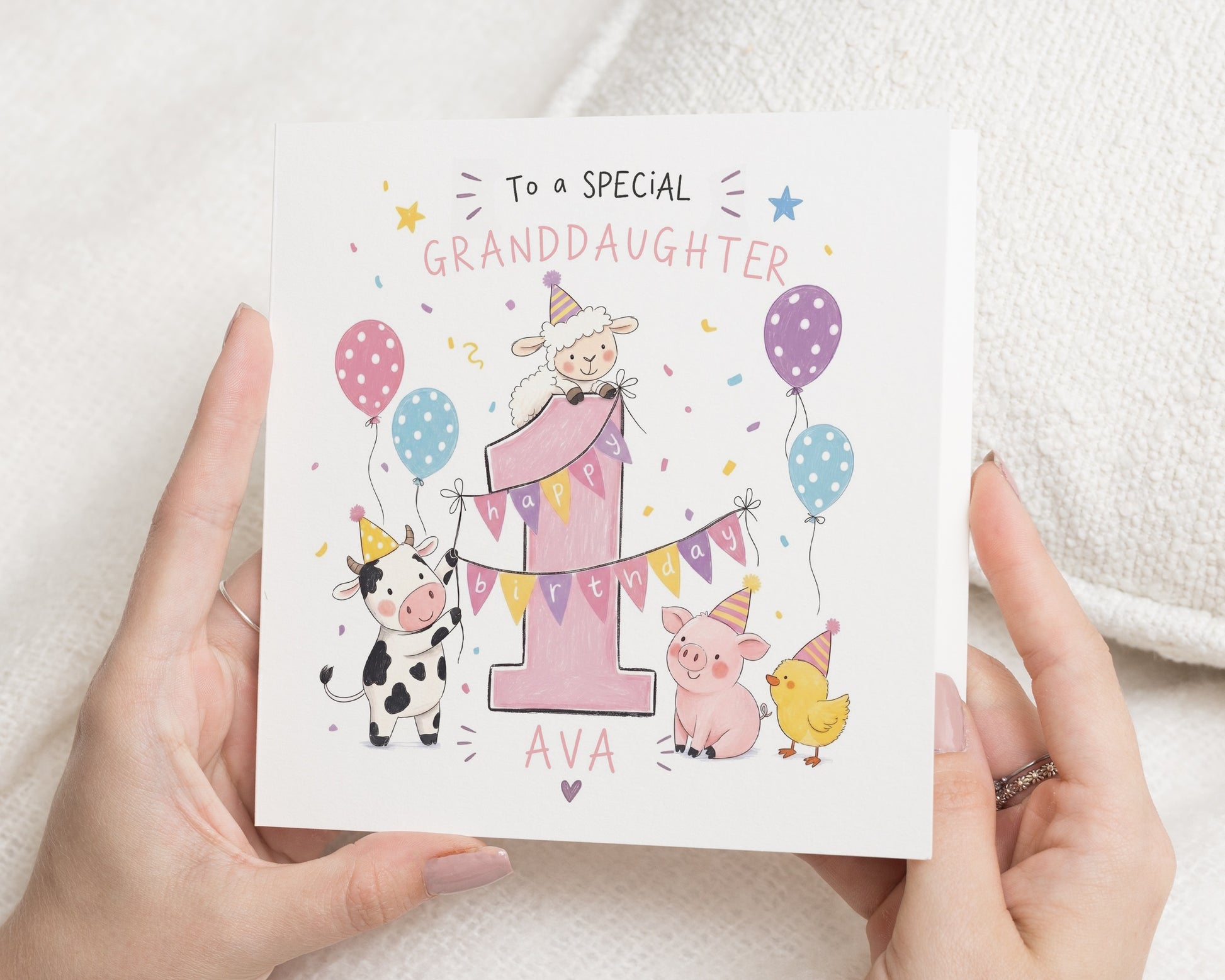 1st Birthday Card for Granddaughter, First Birthday Card, Personalised Granddaughter Birthday Card, Cute Farm Animal Birthday Card