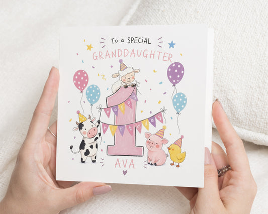 1st Birthday Card for Granddaughter, First Birthday Card, Personalised Granddaughter Birthday Card, Cute Farm Animal Birthday Card