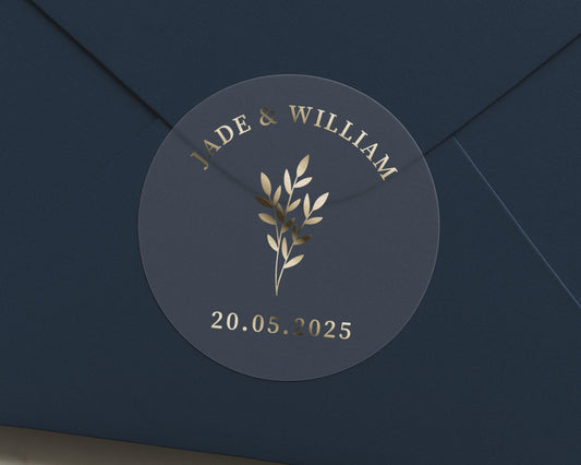 Personalised Wedding Sticker, Gold Foil Wedding Seal, Custom Name Date Sticker, Envelope Seal, Elegant Wedding Label