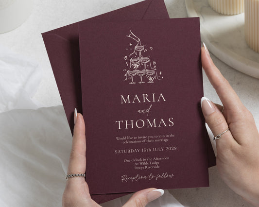 Burgundy Wedding Invitations, Champagne Tower Wedding Invites, Elegant Party Wedding Stationery, Personalised Invitation Suite