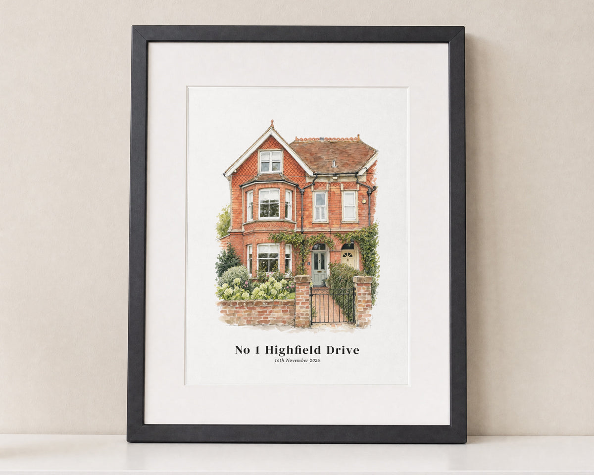 Personalised House Portrait, Custom Home Illustration, New Home Gift, Housewarming Gift, Address and Date Print, Black Framed Wall Art