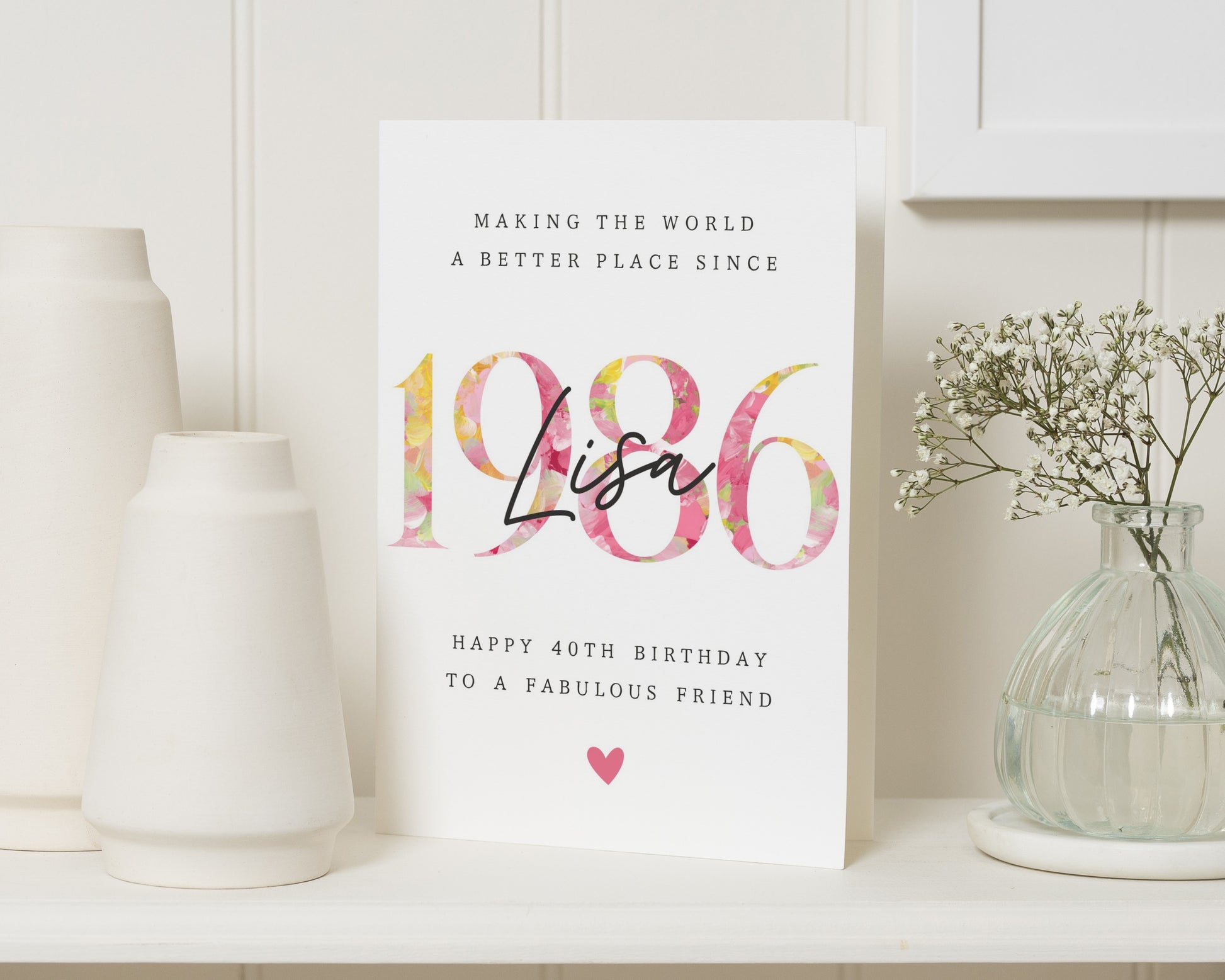 40th Birthday Card for Friend, Personalised 40th Birthday Card, Floral Birthday Card for Her, Custom Birthday Card, 1986 Birthday Card
