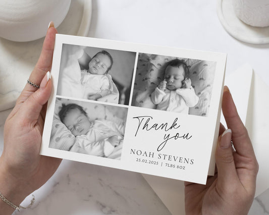 Black & White Photo Thank You Cards, New Baby Girl Photo Thank You Cards, Baby Personalised Thank You Card, New Baby Boy Announcement Cards