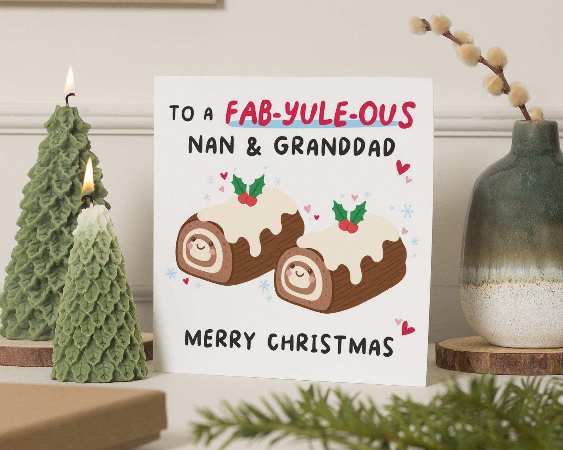 Christmas Card for Nan and Grandad, Funny Christmas Card, Cute Christmas Card, Fab Yule Log Card, Christmas Card for Grandparents