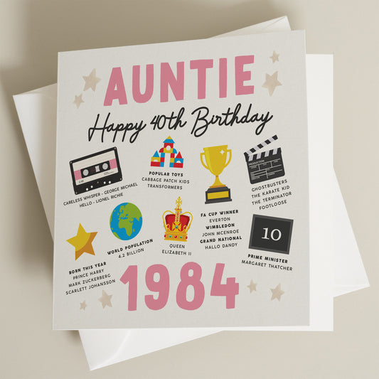 40th Birthday Card, Fact Birthday Card For Auntie, Gift For Auntie, Milestone Birthday Card, Gift For Her, Aunty, For Aunt, Born In 1984