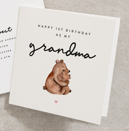 Woodland Birthday Card For Grandma,  From Baby. Happy 1st Birthday As My Grandma, Bear Birthday Card, For Grandma, First Birthday, 1st BC860