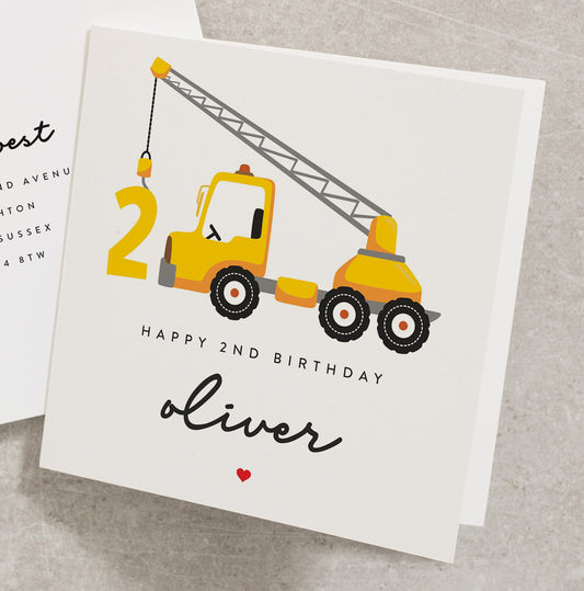 Yellow Crane Building Site Boys 2nd Birthday Card For Son, Happy 2nd Birthday Construction Card, Birthday Card, Boys Birthday Card BC1123