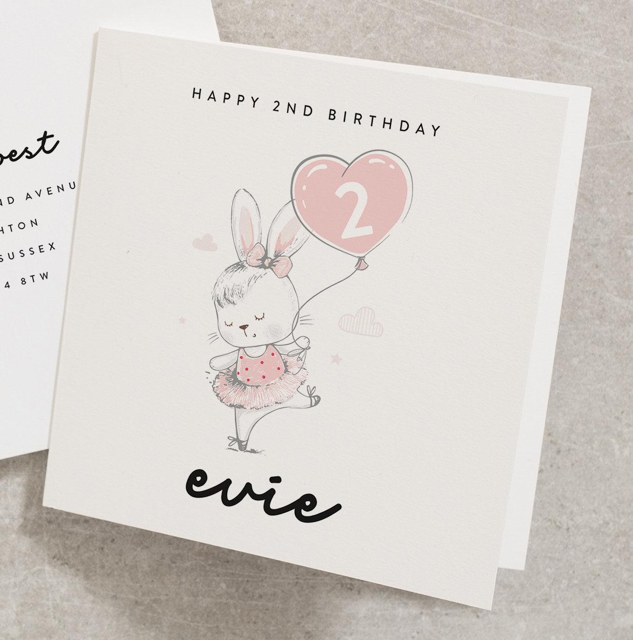 Personalised 2nd Birthday Card, Happy 2nd Birthday, Rabbit Birthday Card, Any Name, Cute Birthday Card Girl, 2 Year Old, 2 Birthday BC897