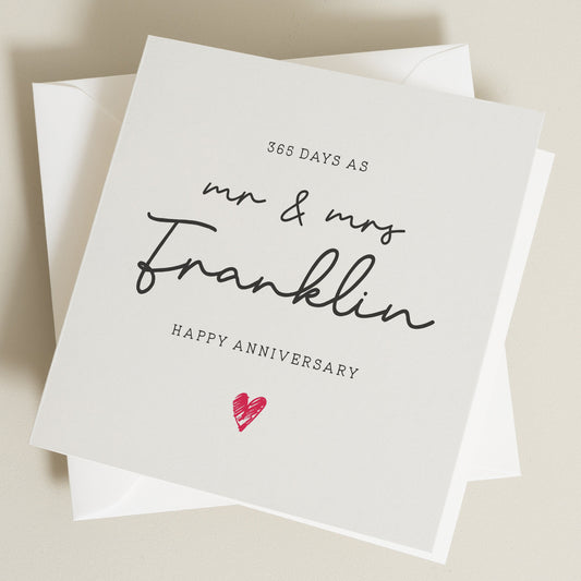 First Anniversary Card, 365 Days As Mr & Mrs, Happy 1st Anniversary Card, Paper Anniversary Card, One Whole Year Anniversary, For Husband