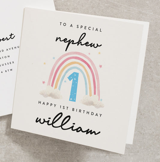 1st Birthday Nephew Card, To A Special Nephew, Personalised Happy 1st Birthday, Nephews First Birthday Card, Rainbow Birthday Card BC863