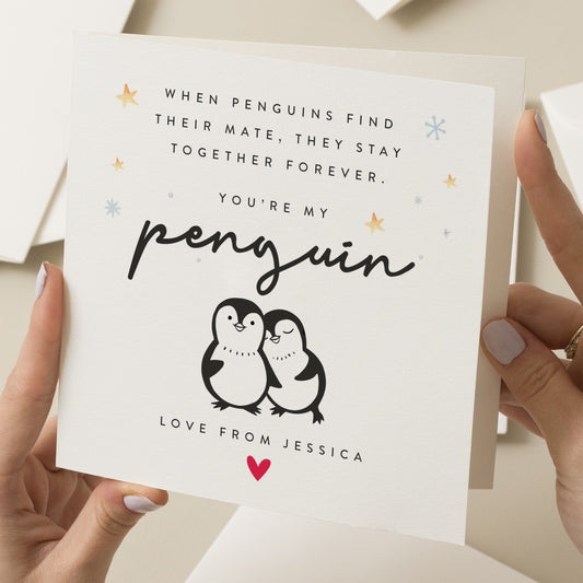 Personalised Penguin Christmas Card For Boyfriend, Girlfriend, Husband, Wife, Partner, Romantic Christmas Card, You&#39;re My Penguin