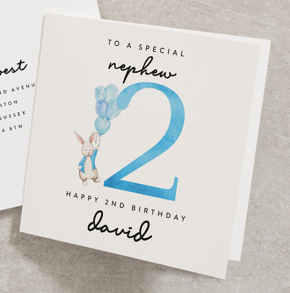 Nephew Birthday Card 2nd Birthday, 2nd Birthday Card For Nephew, Cute Bunny Birthday Card, Happy 2nd Birthday Card For Boy, Blue BC928