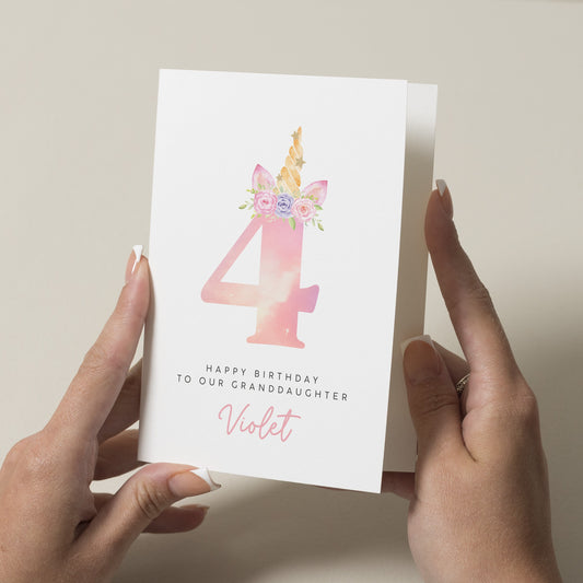 Granddaughter Birthday Card, 4th birthday Card For Girl, Unicorn Lover Birthday Card, Fourth Birthday Card For Daughter, Niece 4th Birthday