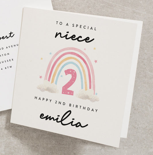 Rainbow 2nd Birthday, To A Special Niece, Personalised Happy 2nd Birthday Card For Niece, Any Name, Cute Birthday Card, Watercolour BC909