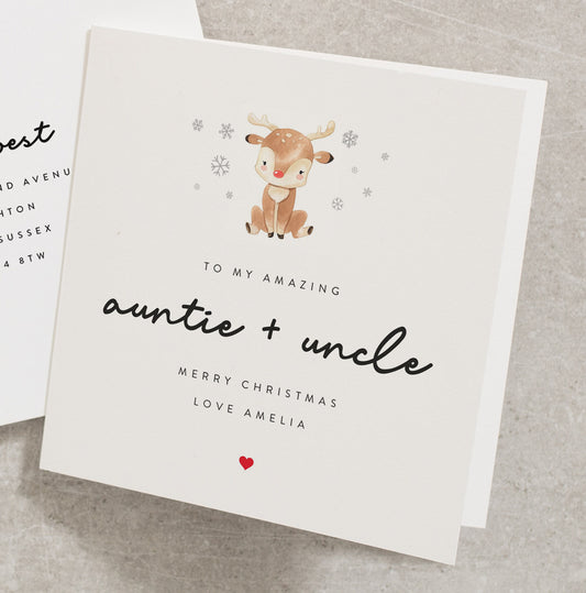 Personalised Auntie and Uncle Christmas Card From Niece or Nephew, Cute Reindeer Christmas Card For Aunt and Uncle From Child CC455