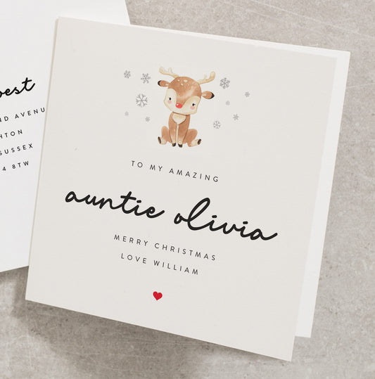 Personalised Auntie Christmas Card From Niece or Nephew, Xmas Card For Aunty, Cute Reindeer Christmas Card For Aunt For Her CC452