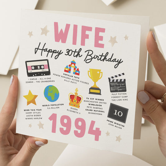 30th Birthday Card For Wife, Fact Birthday Card For Wife, Gift For Wife, Milestone Birthday Card, Gift For Wife, For Her, Born In 1994