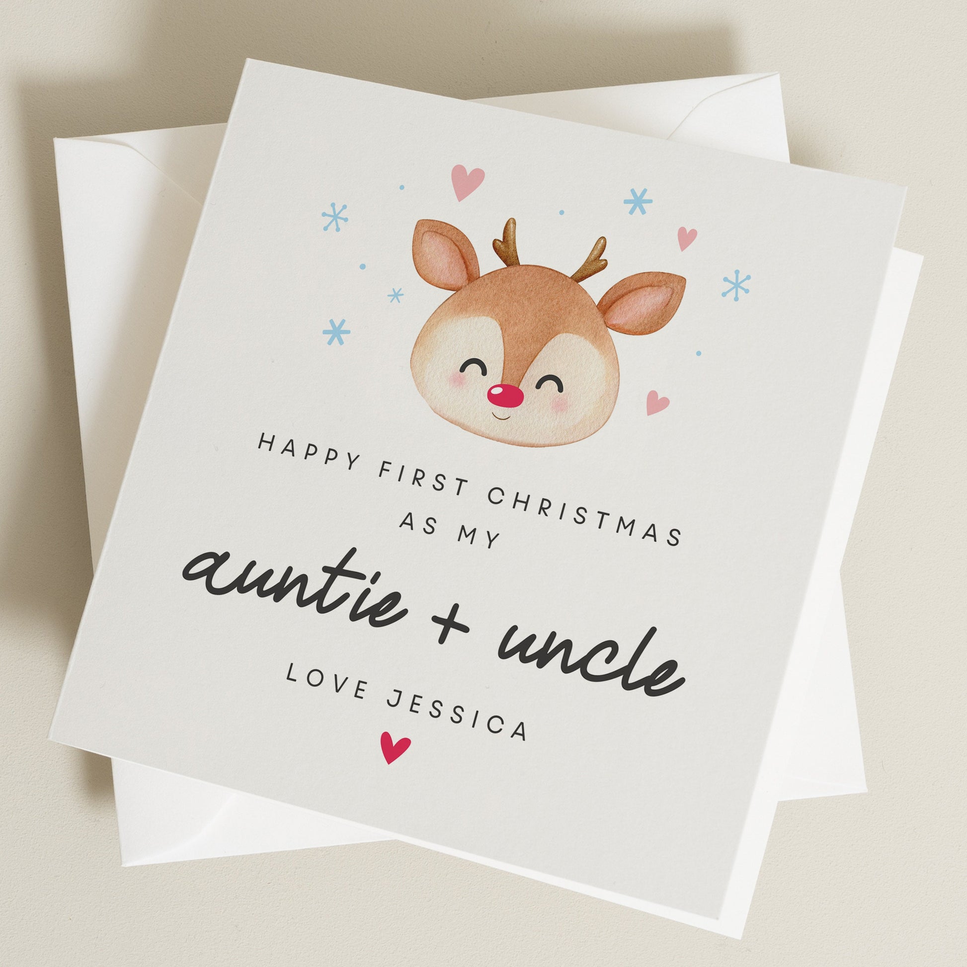 Personalised Auntie and Uncle Christmas Card From Niece or Nephew, Cute Reindeer Christmas Card For Aunt and Uncle From Child