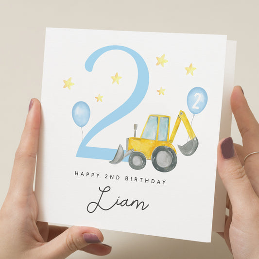 Personalised 2nd Birthday Card For Son, Digger Birthday Card, Construction Birthday Card For Boy, For Grandson, 2 Year Old Boy Gift