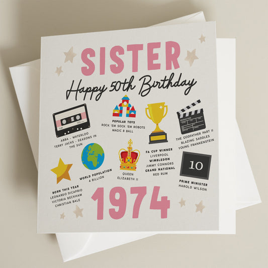 Sister 50th Birthday Card, Fact Birthday Card For Sister, Gift For Sister, Milestone Birthday Card, Gift For Sister, Born In 1974