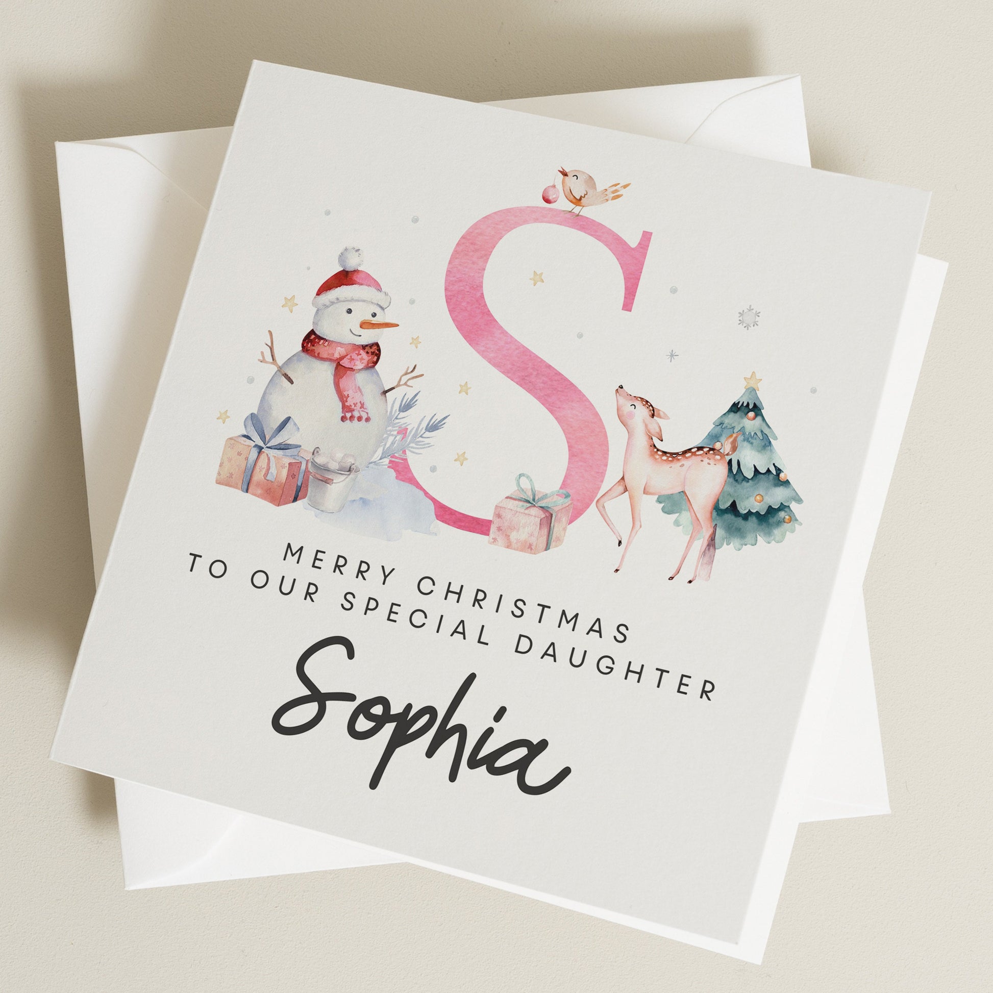 Personalised Christmas Card for Daughter, Christmas Card for Baby Girl, Pink Letter Christmas Card for Children, First Christmas Card