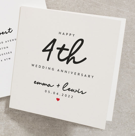 Happy 4th Wedding Anniversary Card, Personalised Wedding Anniversary Card, 4th Anniversary Card, Couples Anniversary Card AN112