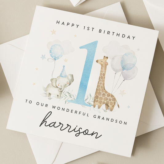 Baby Boy First Birthday Card For Grandson, Animal Birthday Card for Nephew, First Birthday Little Brother, Son 1st Birthday, Blue Balloons