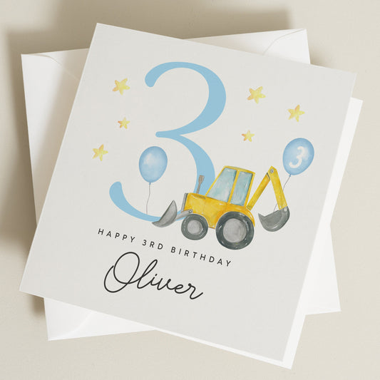 Personalised 3rd Birthday Card For Son, Construction Birthday Card For Boy, Digger Birthday Card, For Grandson, 3 Year Old Boy Gift