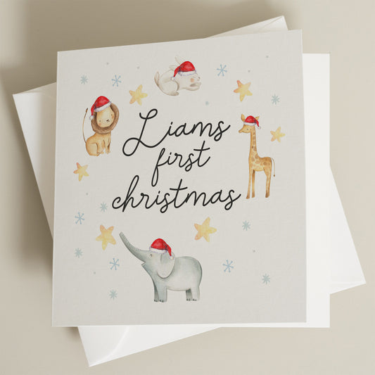 Happy 1st Christmas Card, Personalised Boy Christmas Card, First Christmas Card with Cute Christmas Animal, Baby Girl 1st Christmas Card