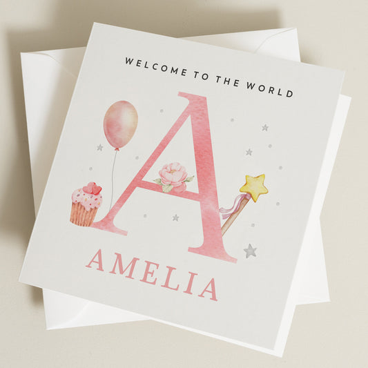 Personalised New Born Baby Card for Daughter Niece Granddaughter, Baby Girl Any Letter Any Name, New Baby Congratulations, Baby Bump Card