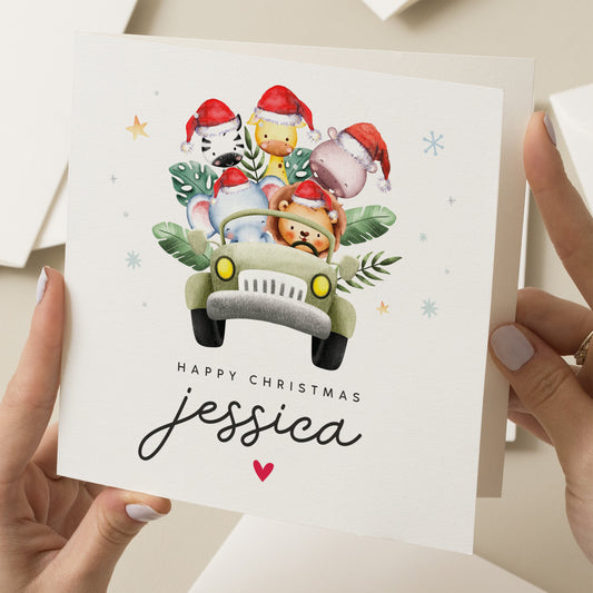 Happy Christmas Card, Personalised Boy Christmas Card, Christmas Card with Cute Christmas Animal, Baby Girl Christmas Card