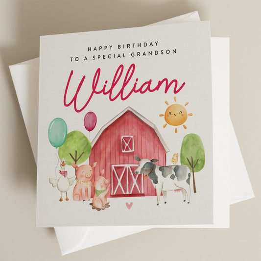 Personalised Farmyard Birthday Card For Grandson, Old Mcdonald Card For Boy, Birthday Card For Him, Farm Animals Card, Special Grandson