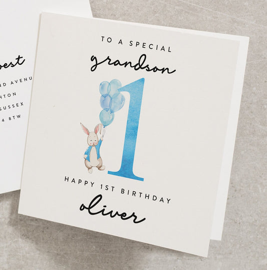 Rabbit First Birthday Card For Grandson, To A Special Grandson, Happy 1st Birthday, Cute Bunny Birthday Card For Baby, Blue Birthday BC868