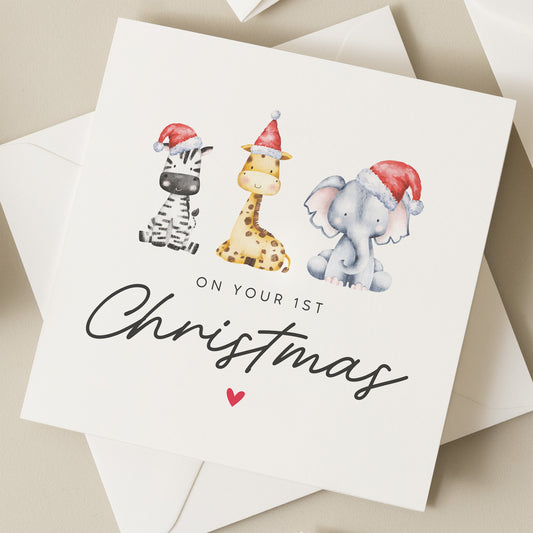 Happy 1st Christmas Card, On Your First Christmas Card Boy, First Christmas Card with Cute Christmas Animal, Baby Girl 1st Christmas Card