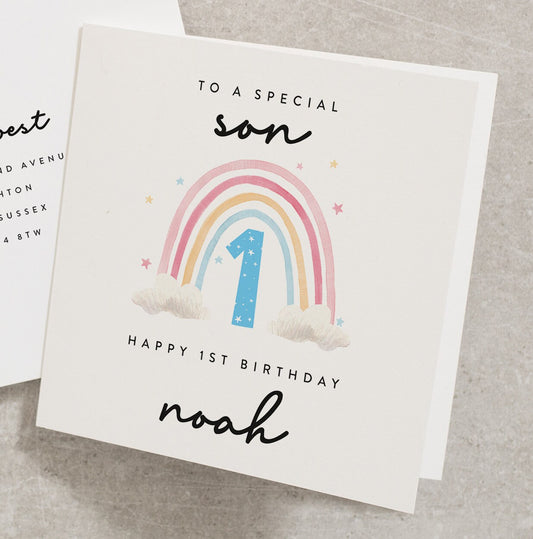 Personalised First Birthday Card To A Special Son, Happy 1st Birthday Card, Rainbow Birthday Card, First Birthday Boy Card, For Boy BC871