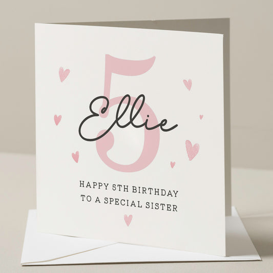 5th Birthday Card For Sister, Personalised Sister Birthday Card, Fifth Birthday Sister Birthday Card, Birthday Gift For Her, Gift For Sister