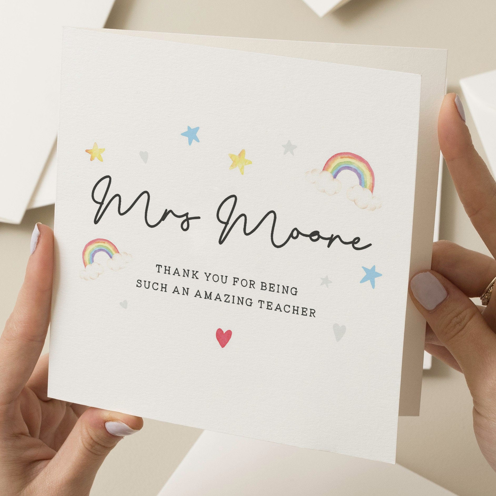 Cute Teacher Thank You Card, Personalised Teacher Card, Rainbow Thank You For Being A Wonderful Teacher, End of Term Card For Teacher