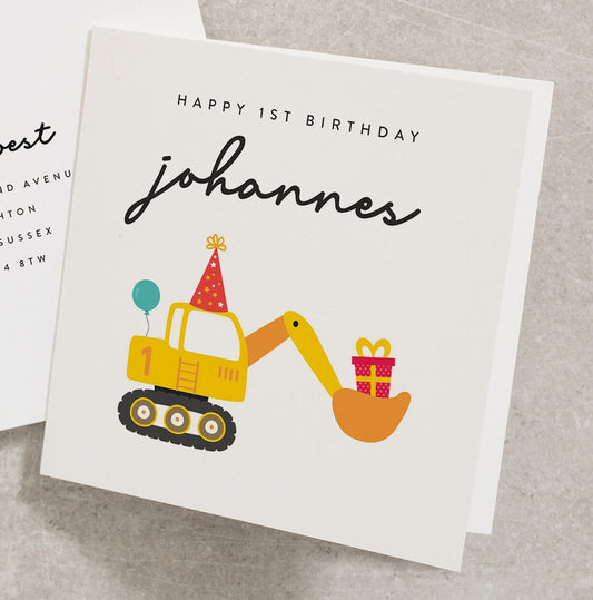 Personalised 1st Birthday Digger Card For Son, Happy 1st Birthday Card, Construction Birthday Card, 1st Birthday Card For Grandson BC1124