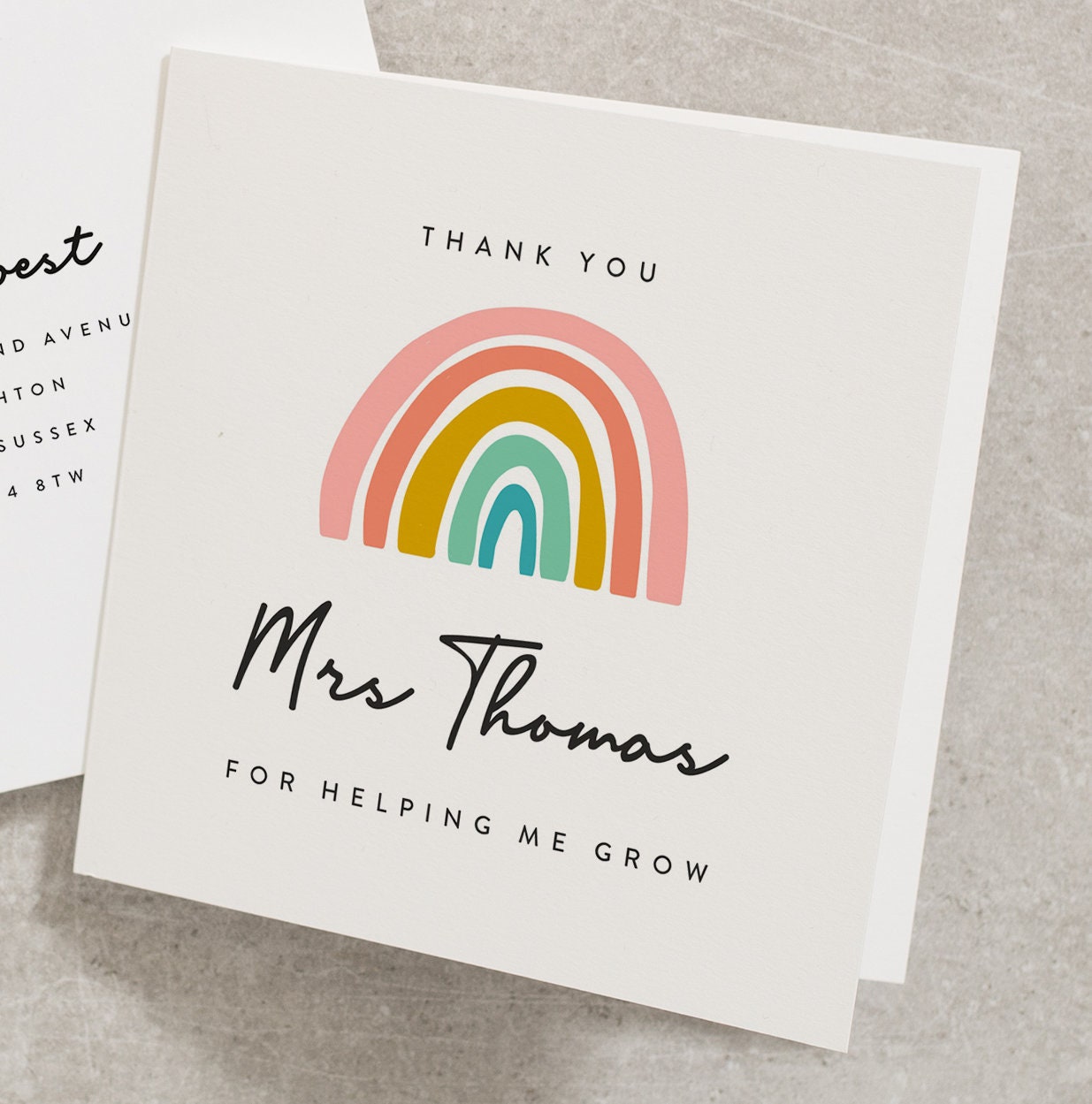 Rainbow Teacher Thank You Card, Personalised Teacher Name, Thank You For Helping Me Grow Card, Teaching Assistant Card, Teacher Card TC002