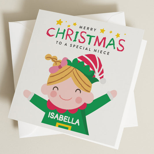 Personalised Niece Christmas Card, Christmas Card For Niece, Christmas Card For Niece, Christmas Elf Card For Niece, Uncle & Aunty Christmas