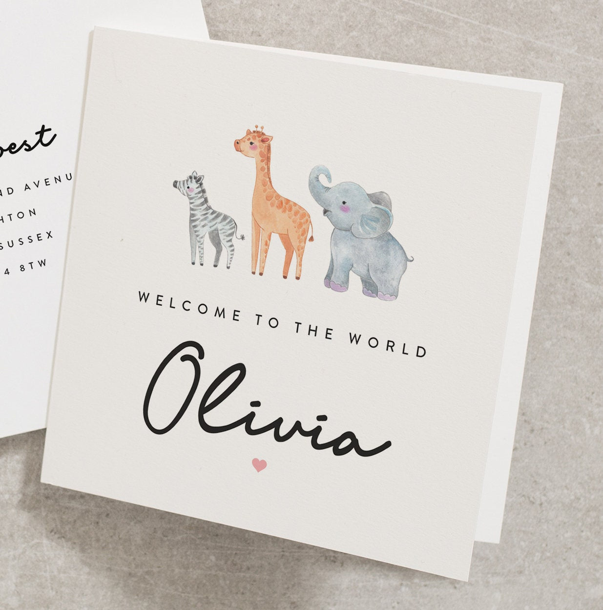 Personalised Welcome To The World New Baby Card, Jungle/Safari Animals Baby Card, Cute Baby Animal Greeting Card, Baby Boy, Baby Girl NB040