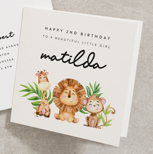 Happy 2nd Birthday To A Beautiful Little Girl, Personalised Birthday Card Baby, Jungle Safari Theme Birthday Card, 2nd Birthday, Girl BC883