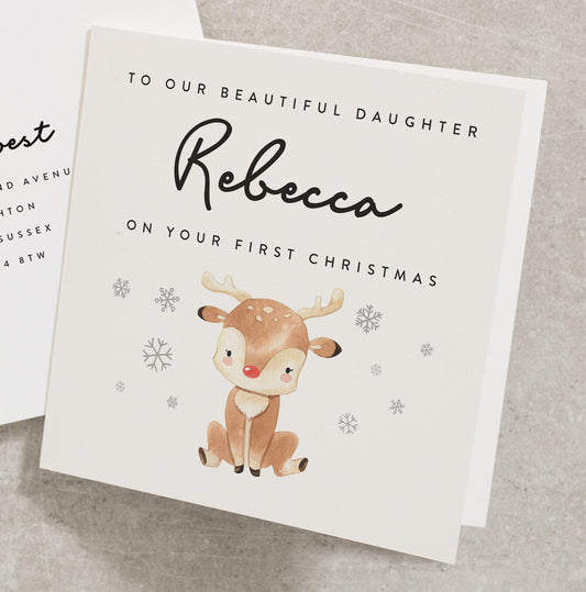 Personalised First Christmas Card For Daughter, 1st Christmas Card with Reindeer, Baby&#39;s First Christmas Keepsake Card CC557