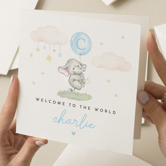 Personalised New Baby Card Boy, Baby Gift For Boy, Welcome To The World Card, Baby Boy Elephant Card, Cute New Born Card, For New Grandson