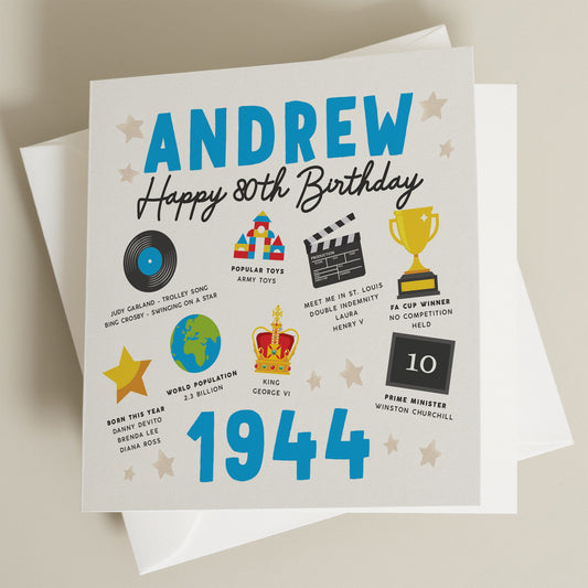 Personalised 80th Birthday Card, Fact Birthday Card For Him, Birthday Gift For Them, Milestone Birthday Card, 80th Gift, Born In 1944